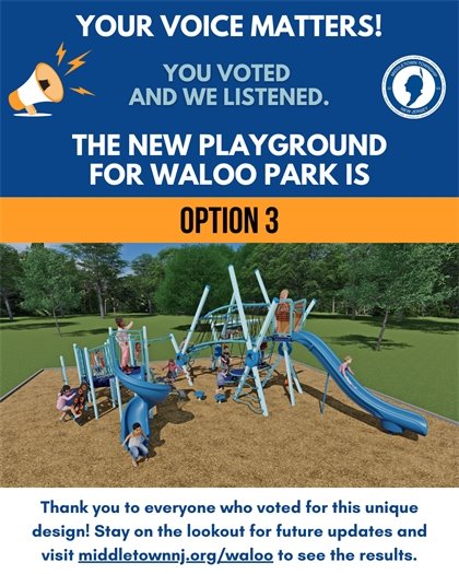 Your voice matters! You voted and we listened. The new playground for Waloo Park is Option 3. Thank you to everyone who voted for this unique design! Stay on the lookout for future updates and visit middletownnj.org/waloo to see the results.