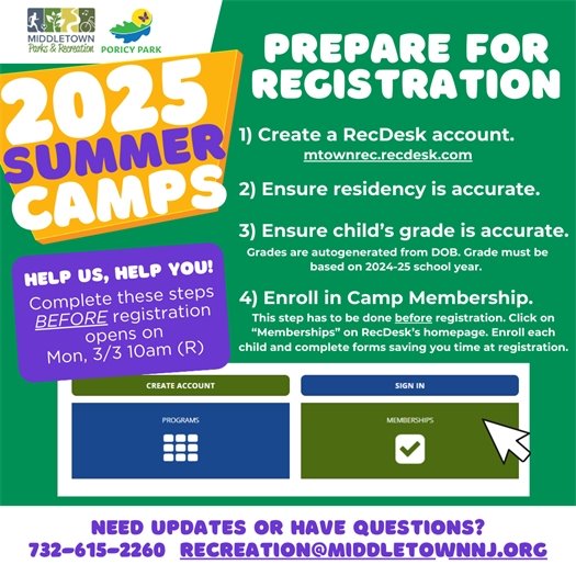 Middletown Parks & Recreation New Camp Registration Process