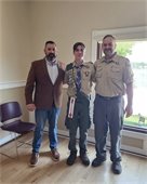 Committeeman Ryan Clarke with Troop 246 Eagle Scout Teodoro Valentino and Scoutmaster Michael Mead