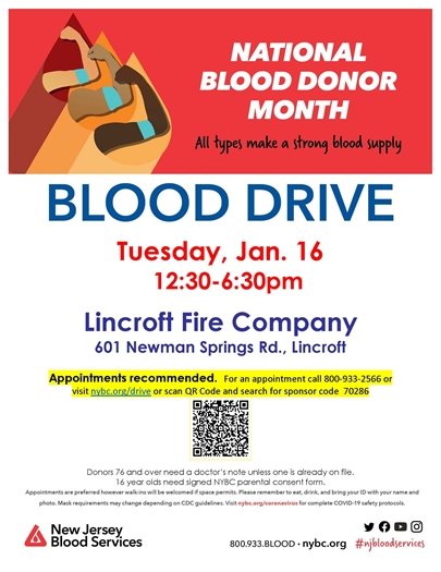 Information about blood drive at Lincroft Fire Company