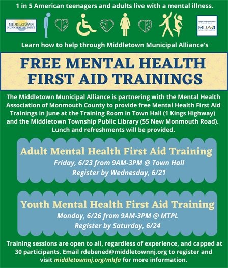Mental Health First Aid Trainings in June at Town Hall and MTPL Graphic