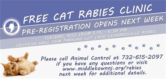 Save the date for a free cat rabies clinic happening on Tuesday, 9/12 from 5:15-6:30 PM. Pre-registration will open next week.