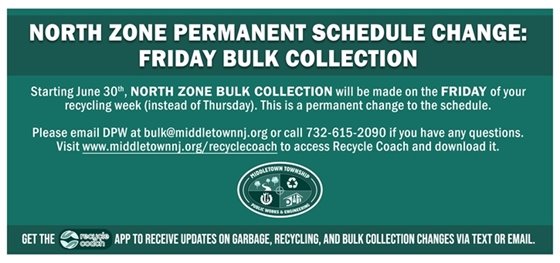 North Zone Permanent Schedule Change: Friday Bulk Collection