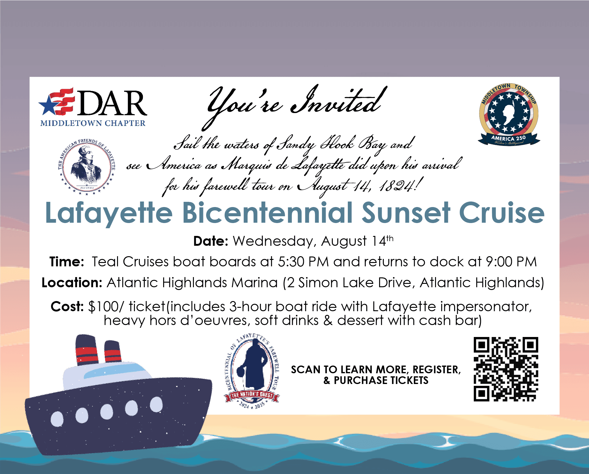 Bicentennial Sunset Cruise: Wednesday, 8/14 from 5:30-9:00 PM