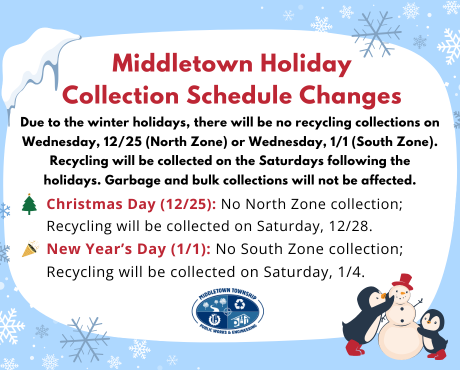 There will be no recycling collections on Wednesday, 12/25 and Wednesday, 1/1.