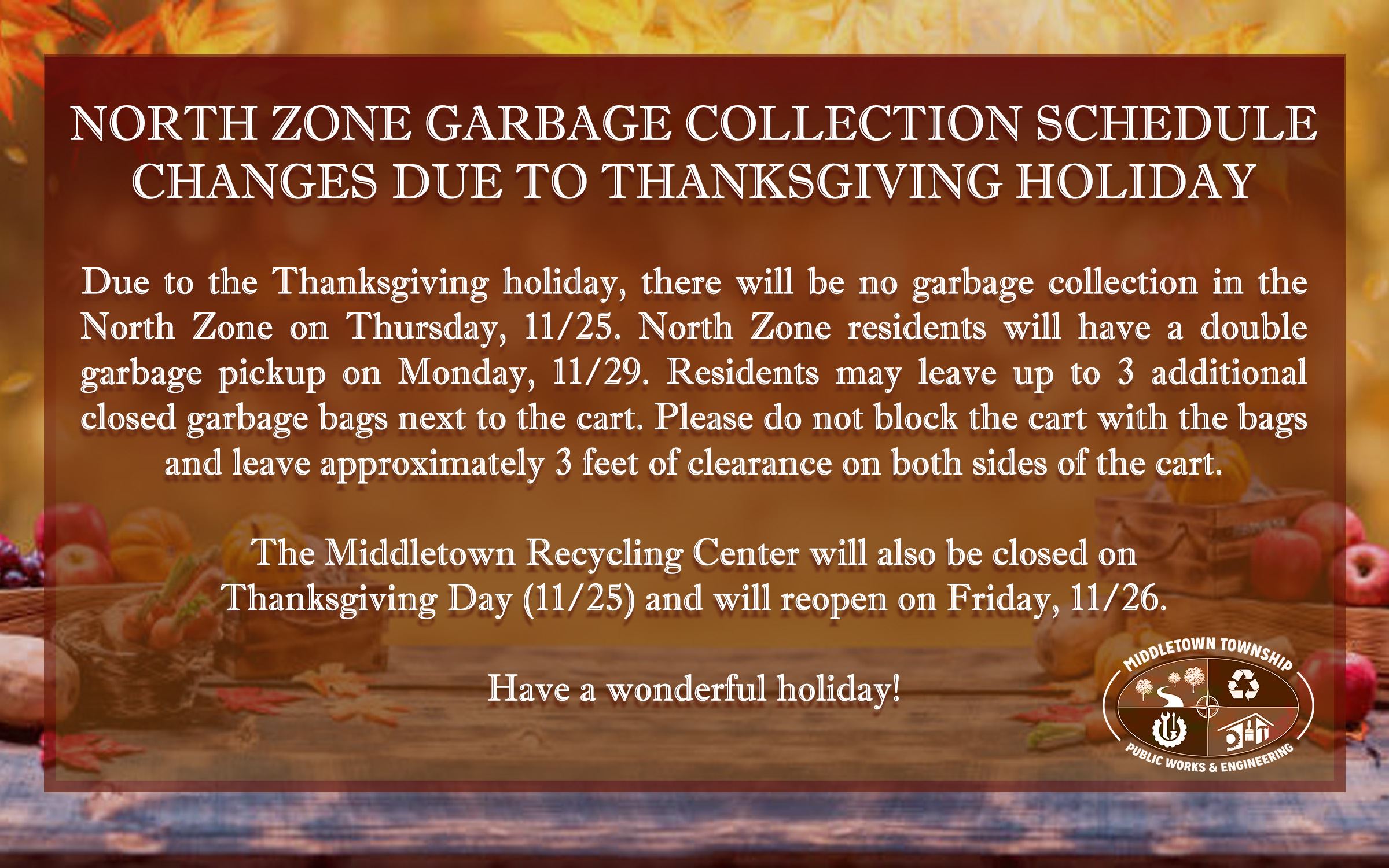 Thanksgiving Day Collection Changes_North Zone