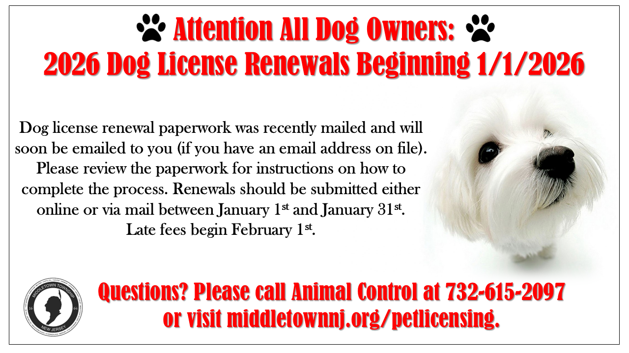 Renew your dog license before Sunday, 2/1 to avoid late fees.