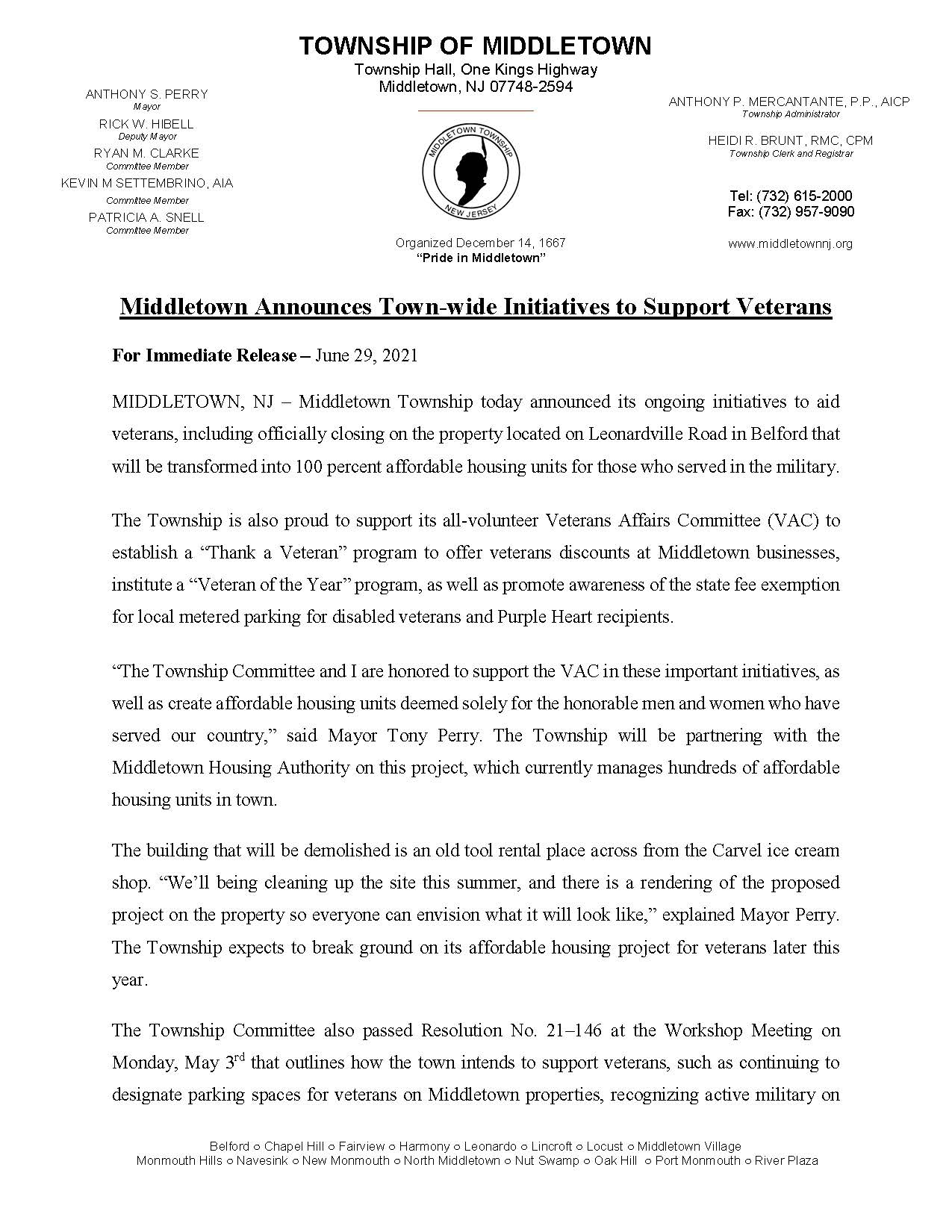 Veterans Housing Project and Initiatives